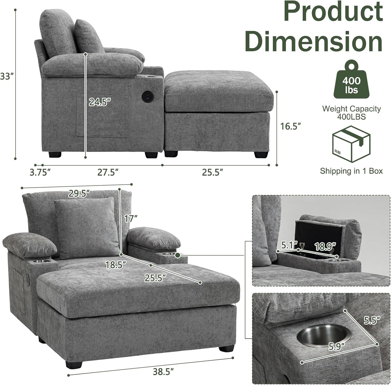 Oversized Chaise Lounge Chair with Ottoman and Cup Holders, Modern Sleeper Sofa with USB Charging Ports for Living Room and Bedroom (Grey)