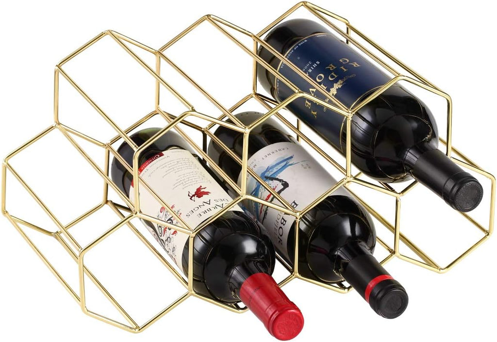 Buruis 9-Bottle Countertop Wine Rack, Honeycomb Metal Wine Holder, Gold | No Assembly Required, Space-Saving Wine Storage, Kitchen Bar Organizer, Red & White Wine Display, Modern Home Decor