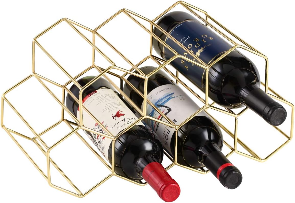 Buruis 9-Bottle Countertop Wine Rack, Honeycomb Metal Wine Holder, Gold | No Assembly Required, Space-Saving Wine Storage, Kitchen Bar Organizer, Red & White Wine Display, Modern Home Decor