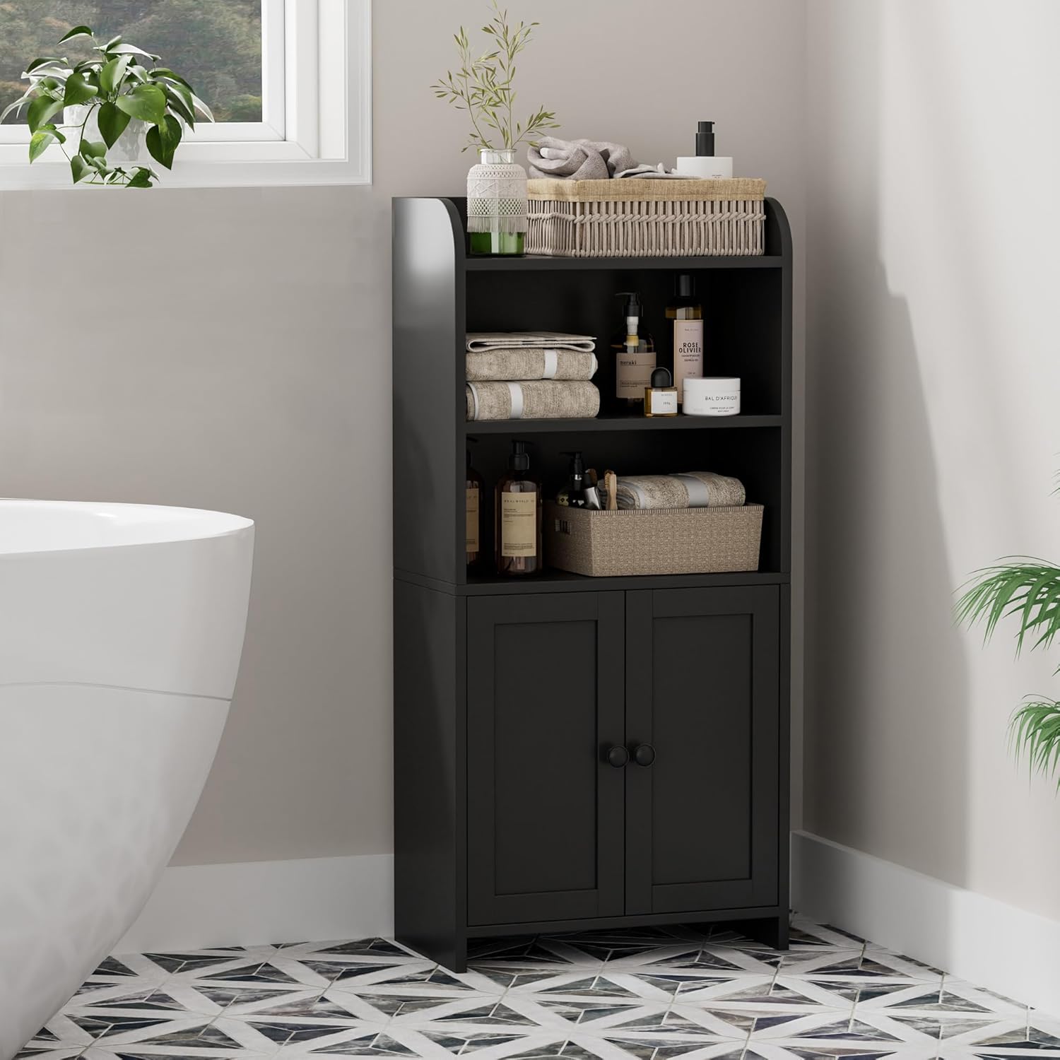 Homhedy Small Bathroom Storage Cabinet, Freestanding Toilet Paper Storage with 2 Doors and Shelves, Bathroom Organizers and Storage for Small Spaces, Laundry Room, 7.9" D x 14.6" W x 31" H, Black