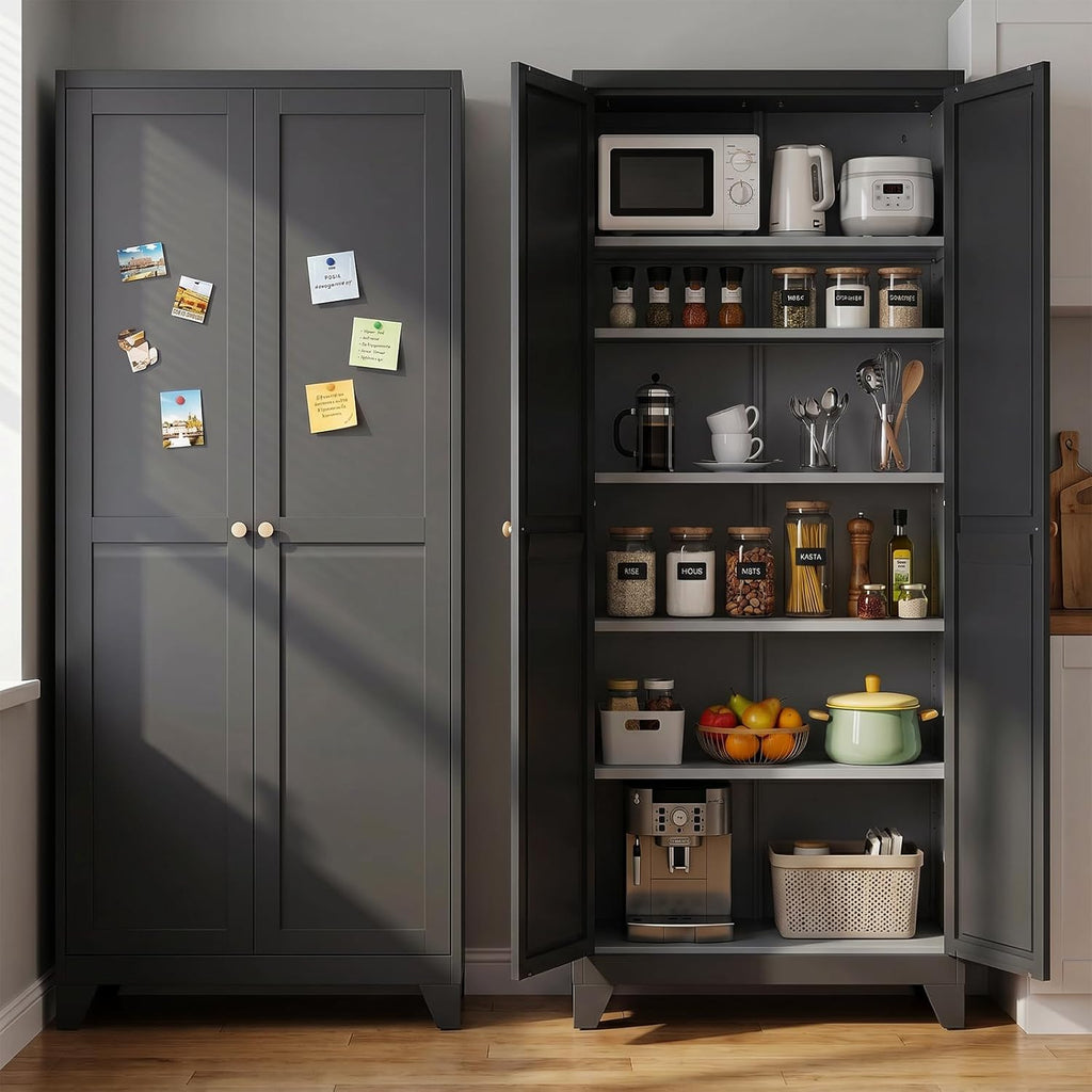 75" Metal Kitchen Storage Cabinet with Doors, Freestanding Steel Pantry Cabinet, 5 Adjustable Shelves, for Dining Room, Black