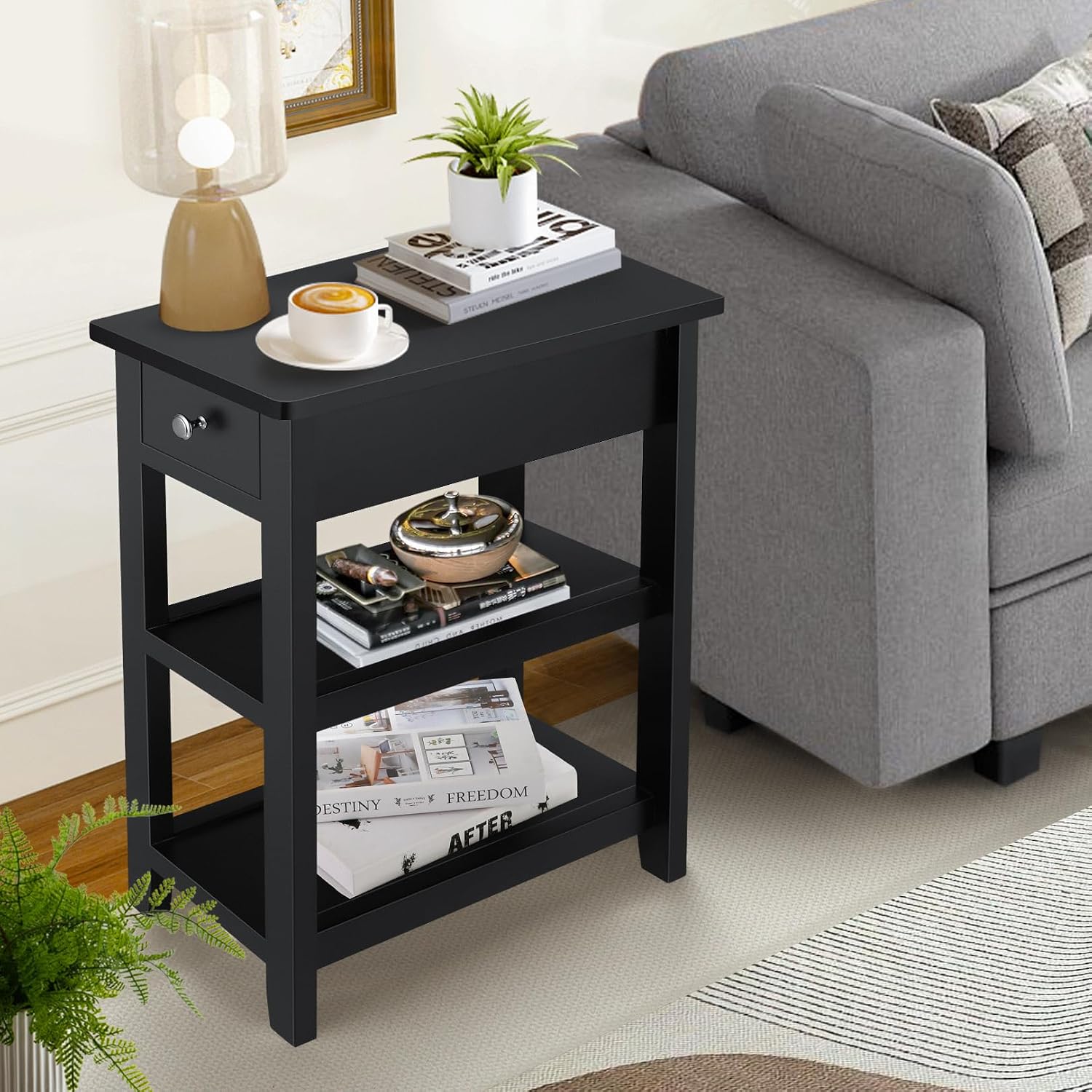 End Tables Living Room Set of 2, 3-Tier Narrow Sofa Side Table with Drawer and 2 Shelf, Small Nightstand for Bedroom, Living Room, Black
