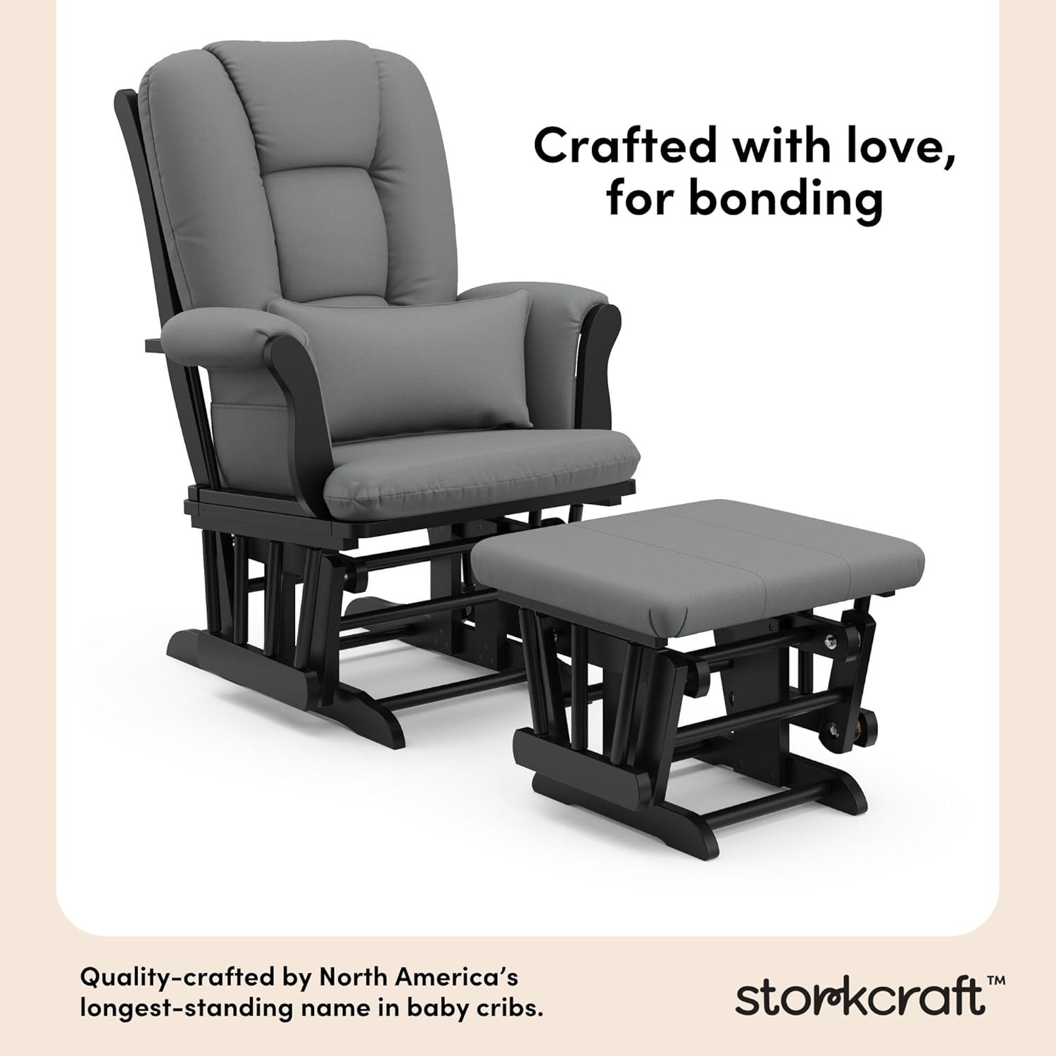 Storkcraft Tuscany Glider with Ottoman (Black/Gray) — GREENGUARD Gold Certified, Bonus Lumbar Cushion Included, Solid Wood Base, Smooth Motion, Award-Winning Nursery Rocking Chair, Glider and Ottoman