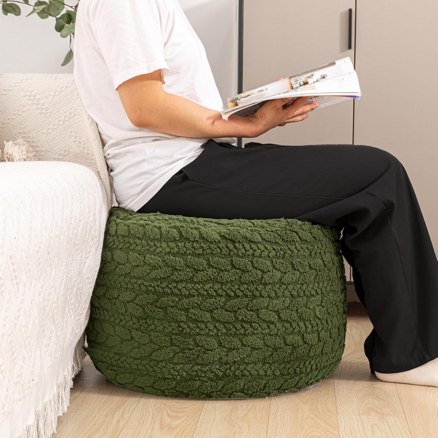 Round Pouf Ottoman Foot Stool 20x14In Ottoman Footrest for Couch Sofa Green | All-in-one Foam Floor Pouf,Ottoman Coffee Table,Footstool Ottoman Boho Poof Home Decor Beanbag Chairs for Living Room Bedroom