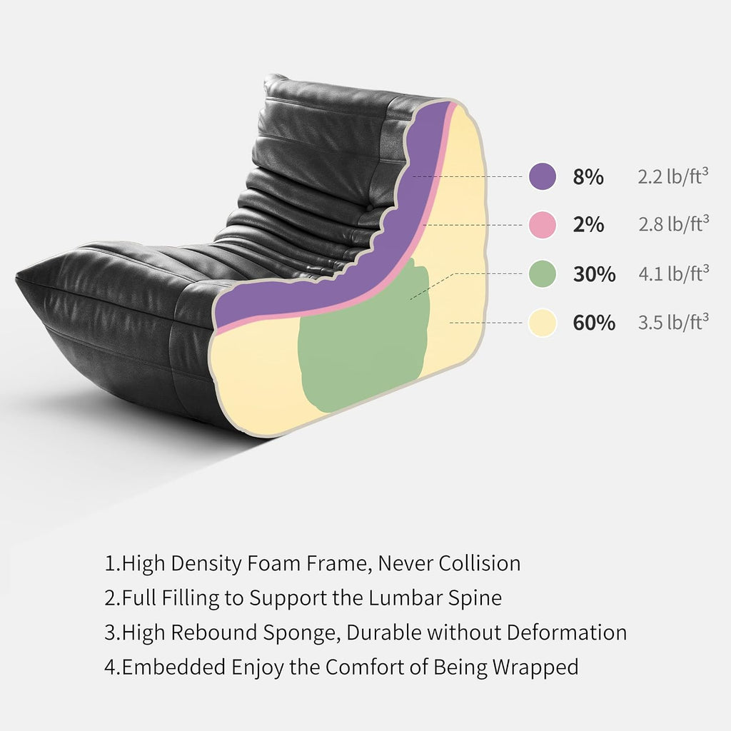 High-end Uncompressed Togo Bean Bag Chair for Adults, Memory Foam Floor Sofa Couch with Soft Fabric, Comfy Fireside Lounge Chair for Living Room, Bedroom, Apartment Microfiber Leather Black