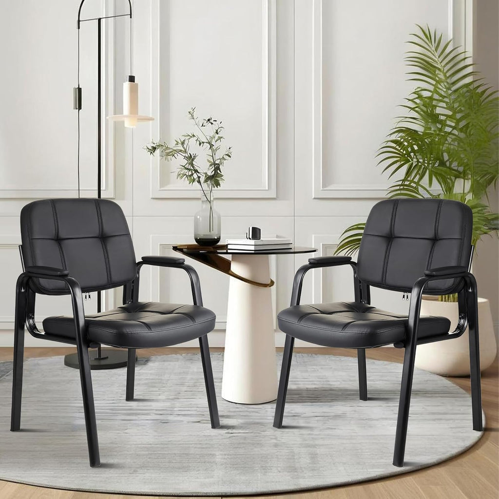 CLATINA Leather Guest Chairs Set of 6, Desk Chair No Wheels, Office Reception with Padded Arms for Office Conference Waiting Room, Black