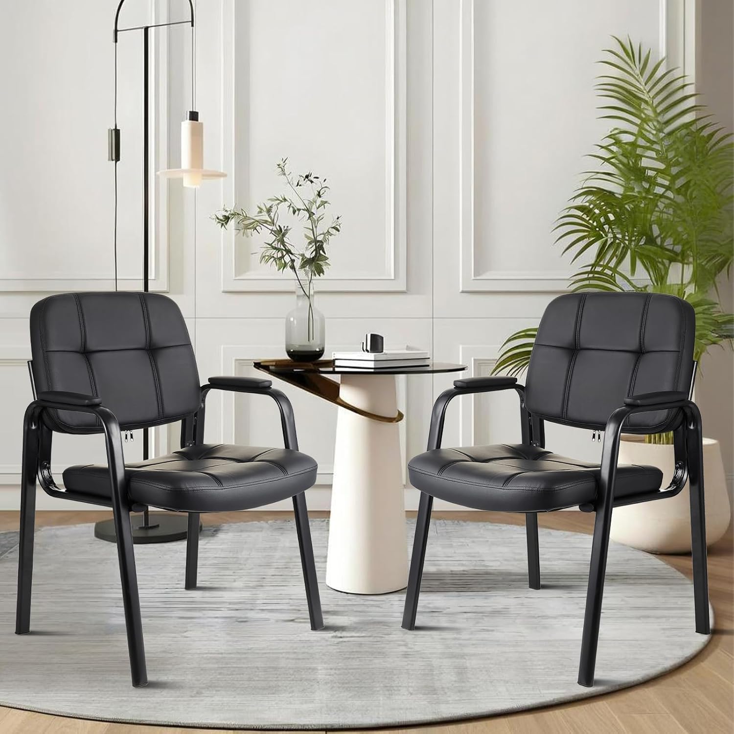 CLATINA Leather Guest Chairs Set of 6, Desk Chair No Wheels, Office Reception with Padded Arms for Office Conference Waiting Room, Black