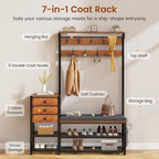 Entryway Hall Tree with Bench, Shoe Storage, Soft Cushion, 3 Fabric Drawers and Storage Bag, 7-in-1 Coat Rack for Hallway, Rustic Brown