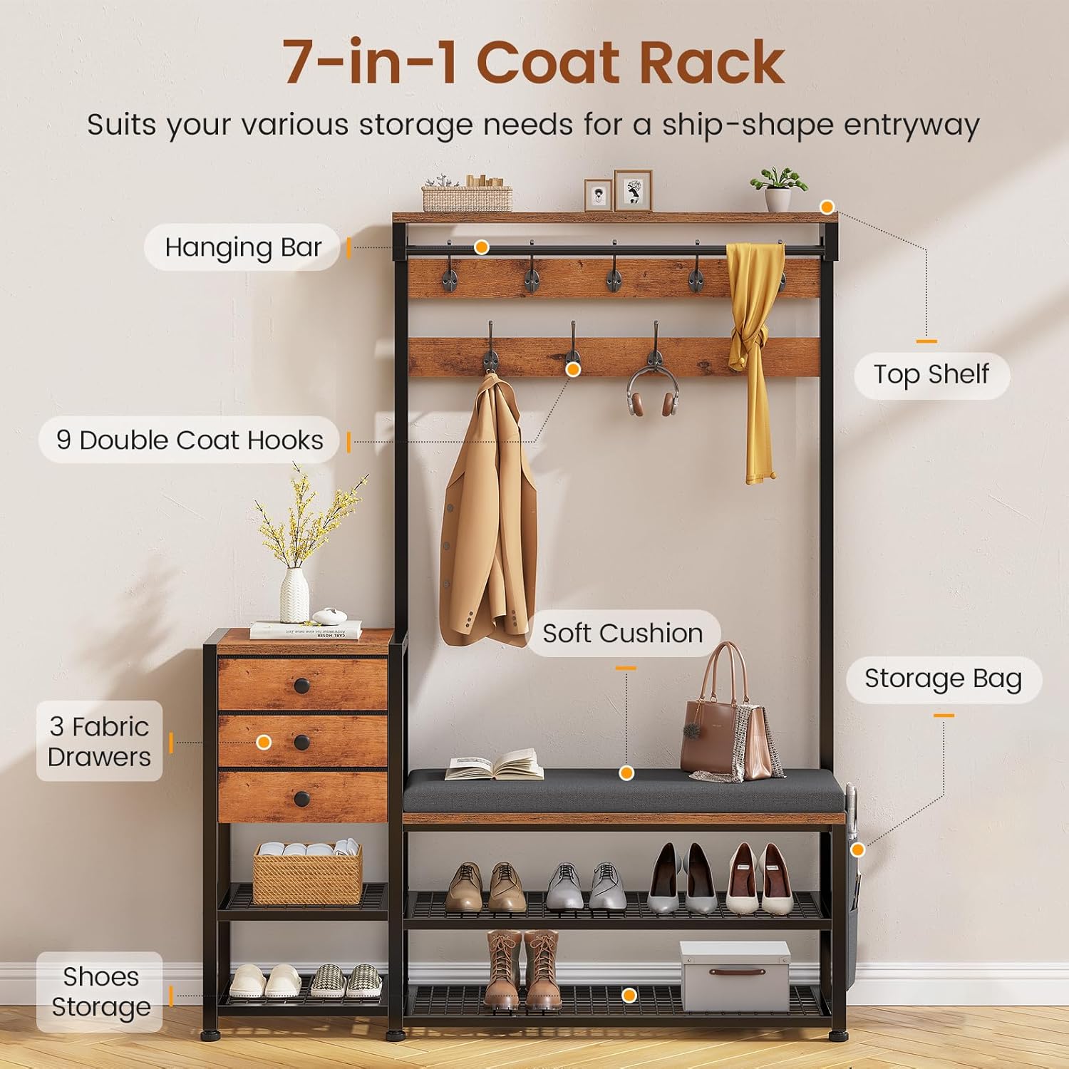 Entryway Hall Tree with Bench, Shoe Storage, Soft Cushion, 3 Fabric Drawers and Storage Bag, 7-in-1 Coat Rack for Hallway, Rustic Brown