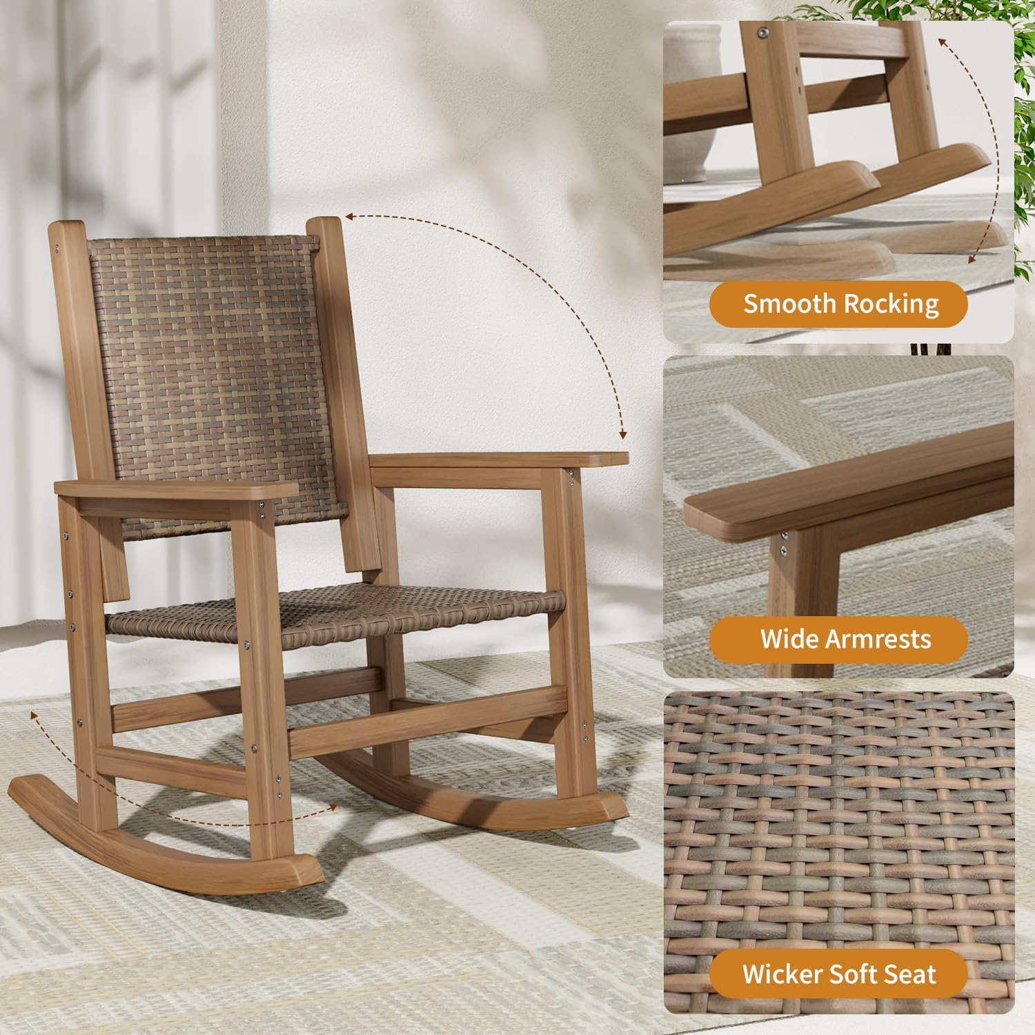 HDPE Rocking Chair Outdoor 1 PCS, Wicker Rocking Chair for Patio, Woven Seat & Back, All Weather Rocking Chair for Front Porch, Garden, Lawn and Balcony (Brown)