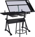 Yaheetech Drafting Table w/Stool Height Adjustable Multifunctional Art Craft Artists Desk Tilting Glass Tabletop Diamond Paintings Work Station w/2 Storage Drawers for Home Office