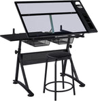 Yaheetech Drafting Table w/Stool Height Adjustable Multifunctional Art Craft Artists Desk Tilting Glass Tabletop Diamond Paintings Work Station w/2 Storage Drawers for Home Office