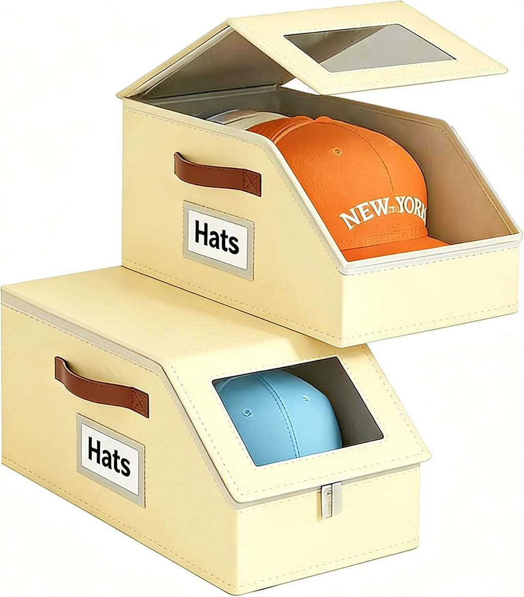 2 Pack Hat Organizer for Women & Men, Foldable Hat Storage Box with Clear Window Lid, Stackable Clear Hat Storage for Baseball, Cowboy Caps, Store up to 28 Caps, Butter Yellow