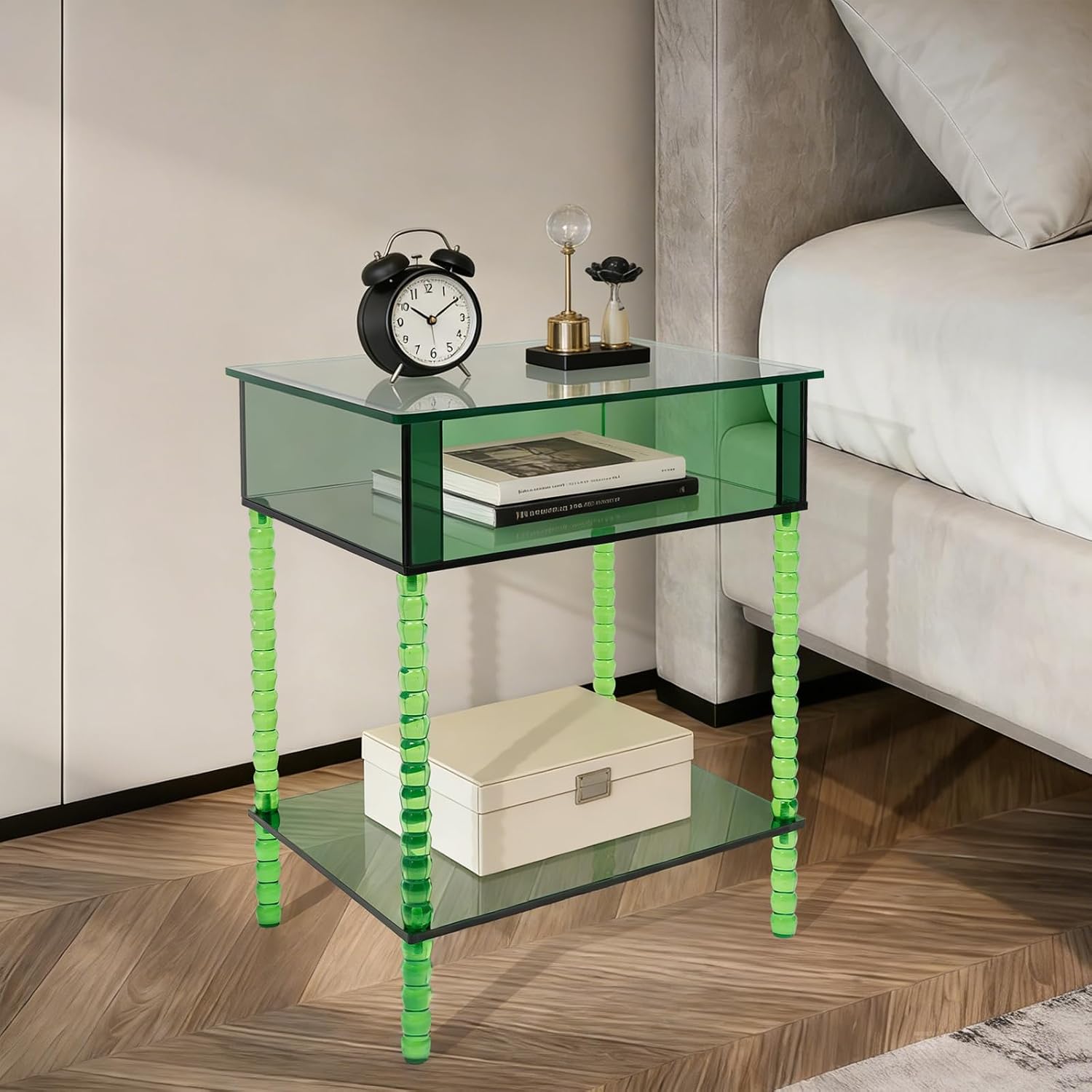 3 Tier Side Table, Acrylic End Table with Storage Shelf, Floorstanding Nightstand for Small Space, Bedside Table, Console Table for Bedroom, Living Room, Office(Green)