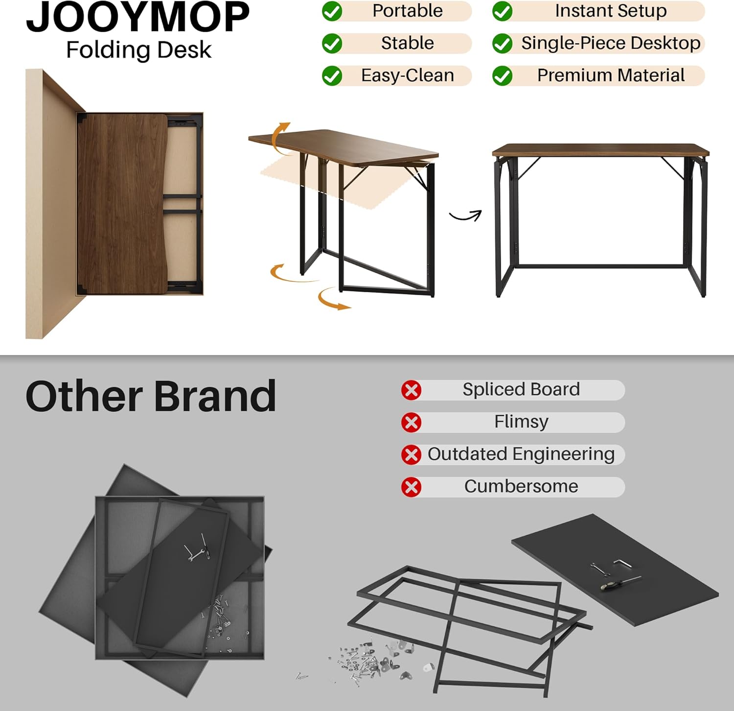JOYMOOP 31.5" Folding Desk - Brown, No Assembly Small Foldable Desk for Home, Office, Wooden Top Folding Computer Desk for Working, Writing, Studying