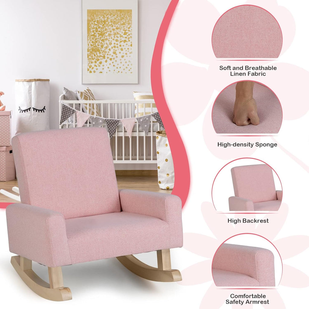 Costzon Kids Sofa, Toddler Rocking Chair with Solid Wood Frame, Linen Fabric, Anti-Tipping Design, Children Furniture Armchair for Kids Room, Nursery, Playroom, Preschool, Gift for Boys Girls (Pink)