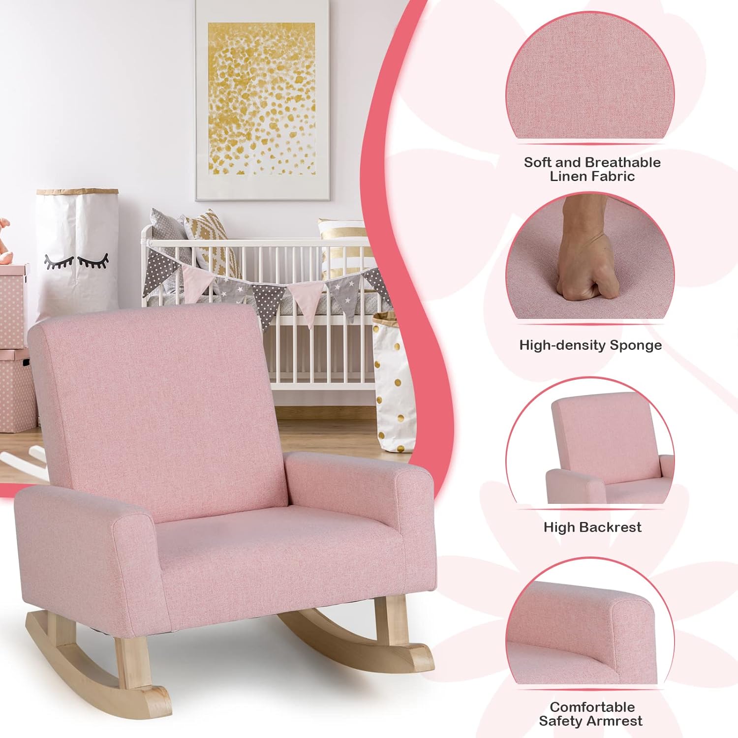 GLACER Toddler Rocking Chair, Fabric Kids Rocker w/Solid Wooden Frame & Non-Slip Mat, Anti-Tipping Design, Comfy Indoor Sofa for Living Room, Playroom, Bedroom (Pink)