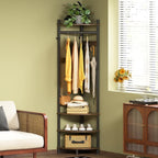 Corner Hall Tree with Shoe Rack and 6 Movable Metal Hooks, Floor Standing Entryway Coat Rack Organizer for Home, Office, or Bedroom – Rustic Brown