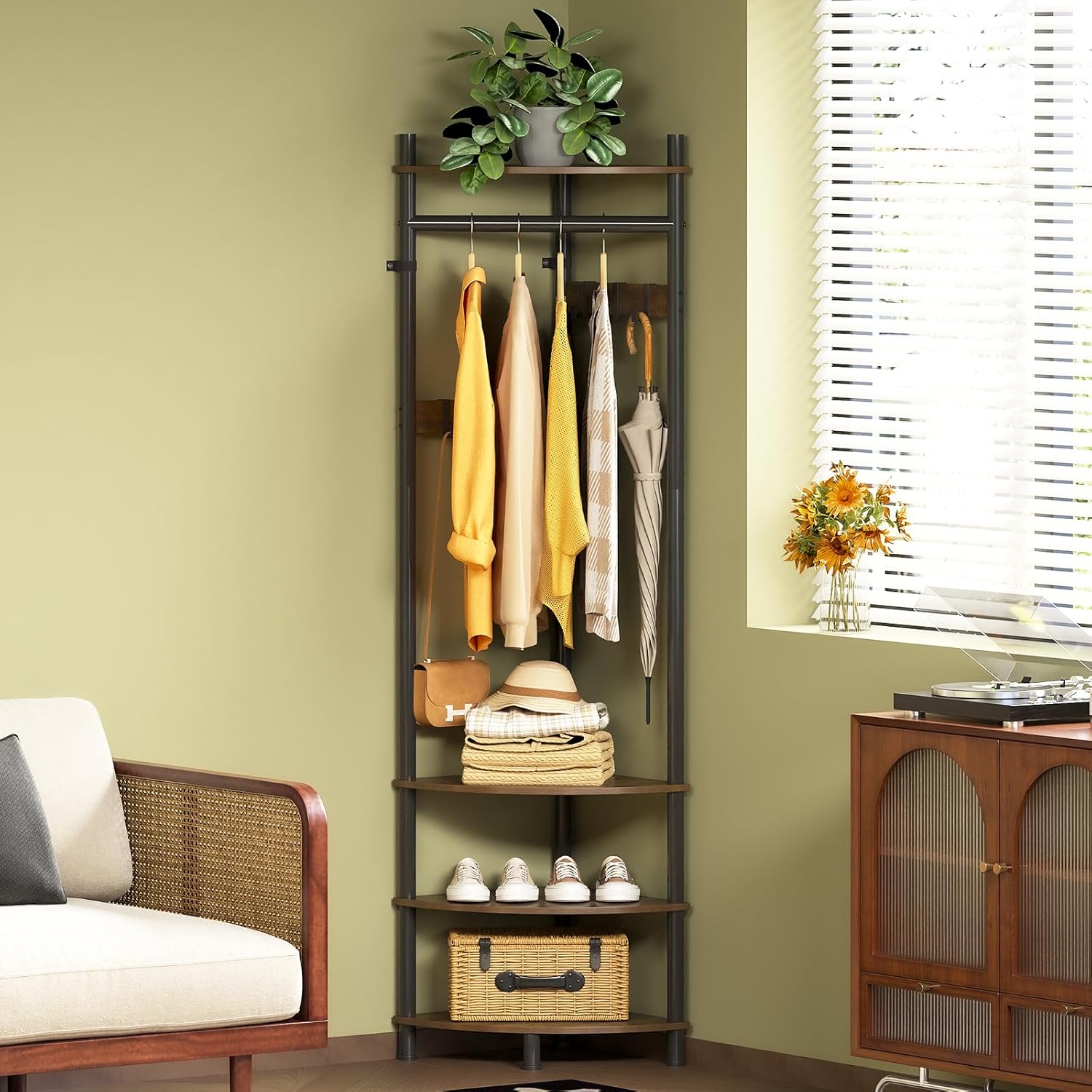 Corner Hall Tree with Shoe Rack and 6 Movable Metal Hooks, Floor Standing Entryway Coat Rack Organizer for Home, Office, or Bedroom – Rustic Brown
