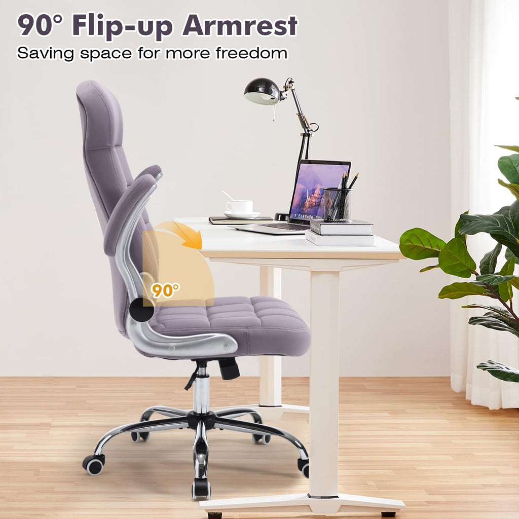 High Back Velvet Office Chair Purple, Comfy Home Executive Desk Chairs with Flip-Up Arms, Fabric Ergonomic Chairs with Lumbar Support, Stylish Computer Swivel Chair with Wheels for Women