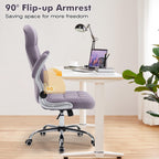 High Back Velvet Office Chair Purple, Comfy Home Executive Desk Chairs with Flip-Up Arms, Fabric Ergonomic Chairs with Lumbar Support, Stylish Computer Swivel Chair with Wheels for Women