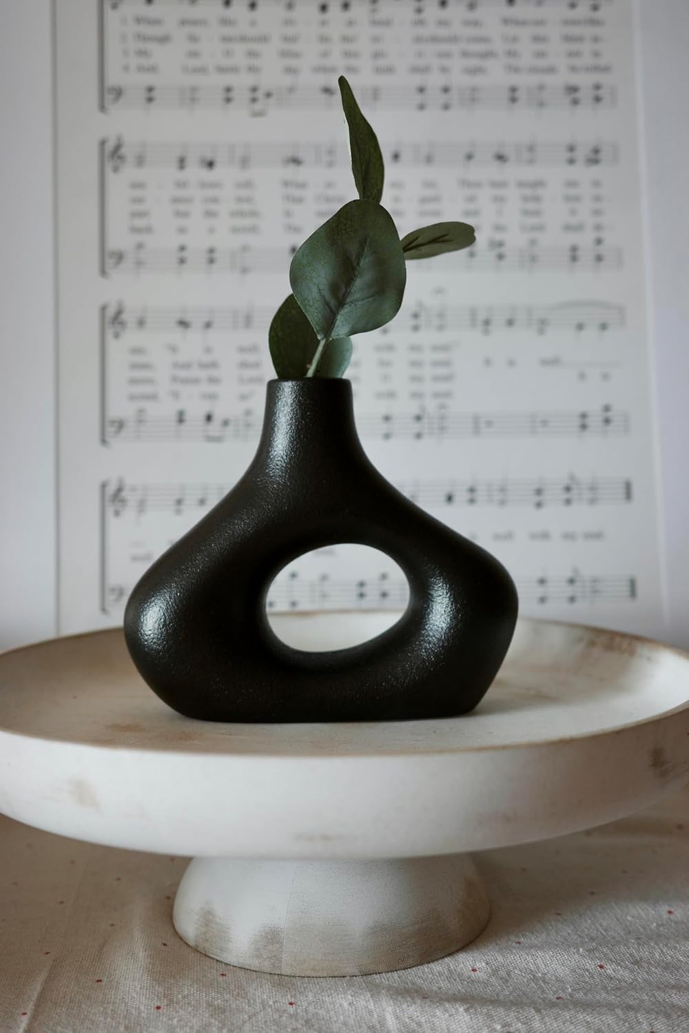 Carrot's Den Black Ceramic Modern Vase Set of 2, Donut Shelf Decor, Black | Pair for bookshelf and bookcase decor, mantel styling, or home staging. Holds dried stems and faux plants indoor.