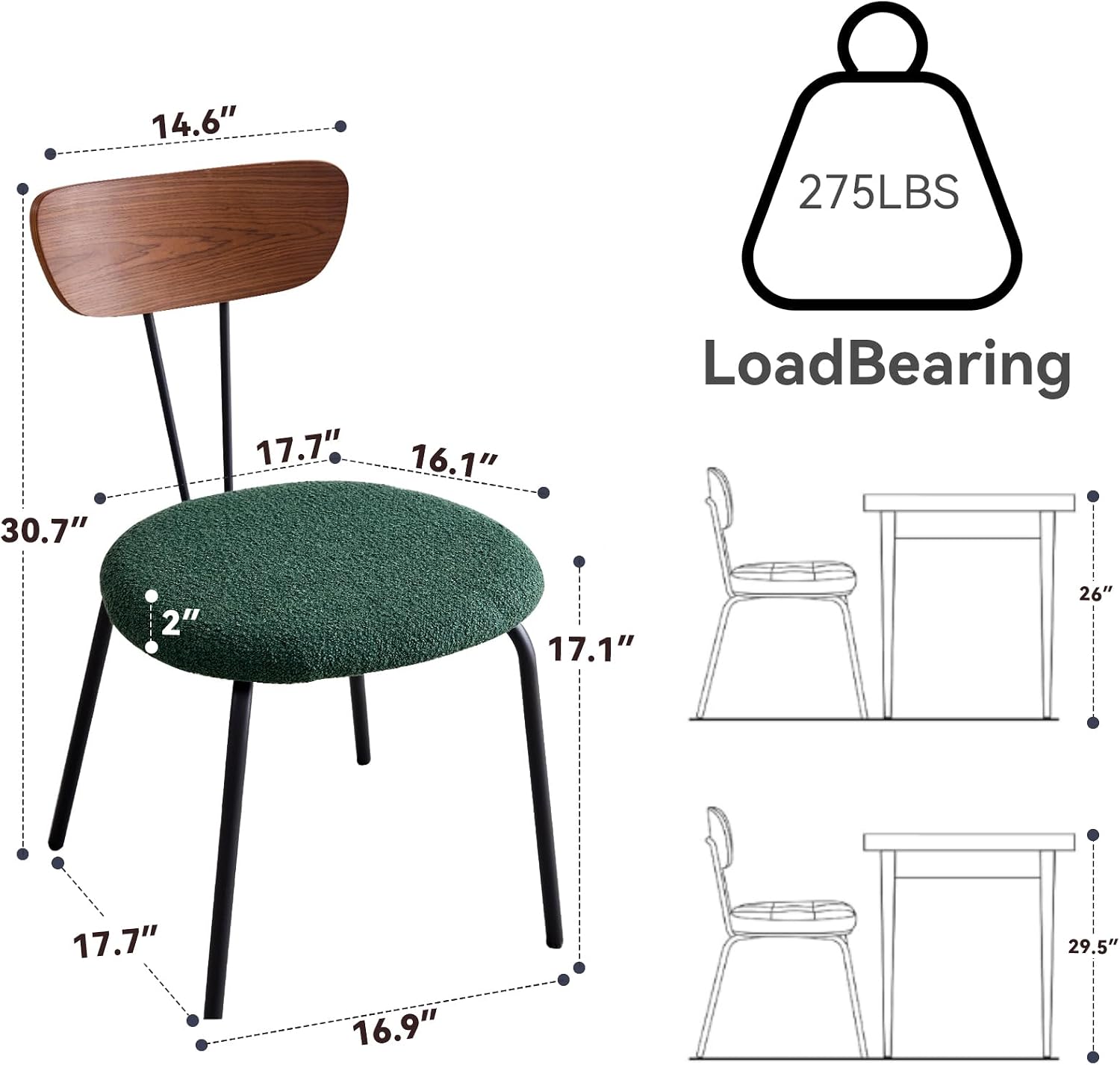 Stackable Dining Chair Set of 4, Small Modern Kitchen Chair with Solid Wood Back, Space Saving Chairs for Apartment Living Room, Green