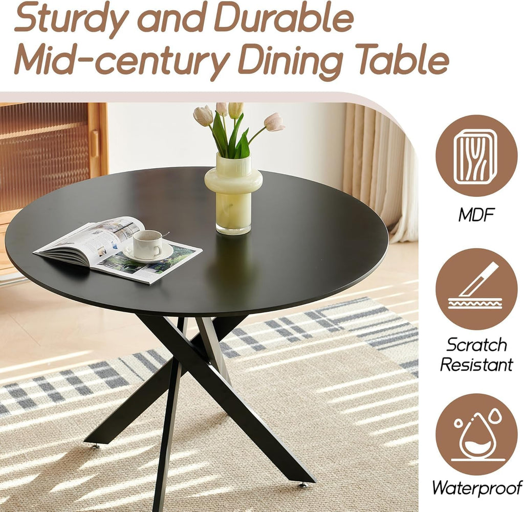 Modern 5-Piece Round Dining Table Set,Circle Black MDF Table & 4 Black Boucle Dining Chairs, Metal Frame Kitchen Furniture for Small Spaces(36-Inch)
