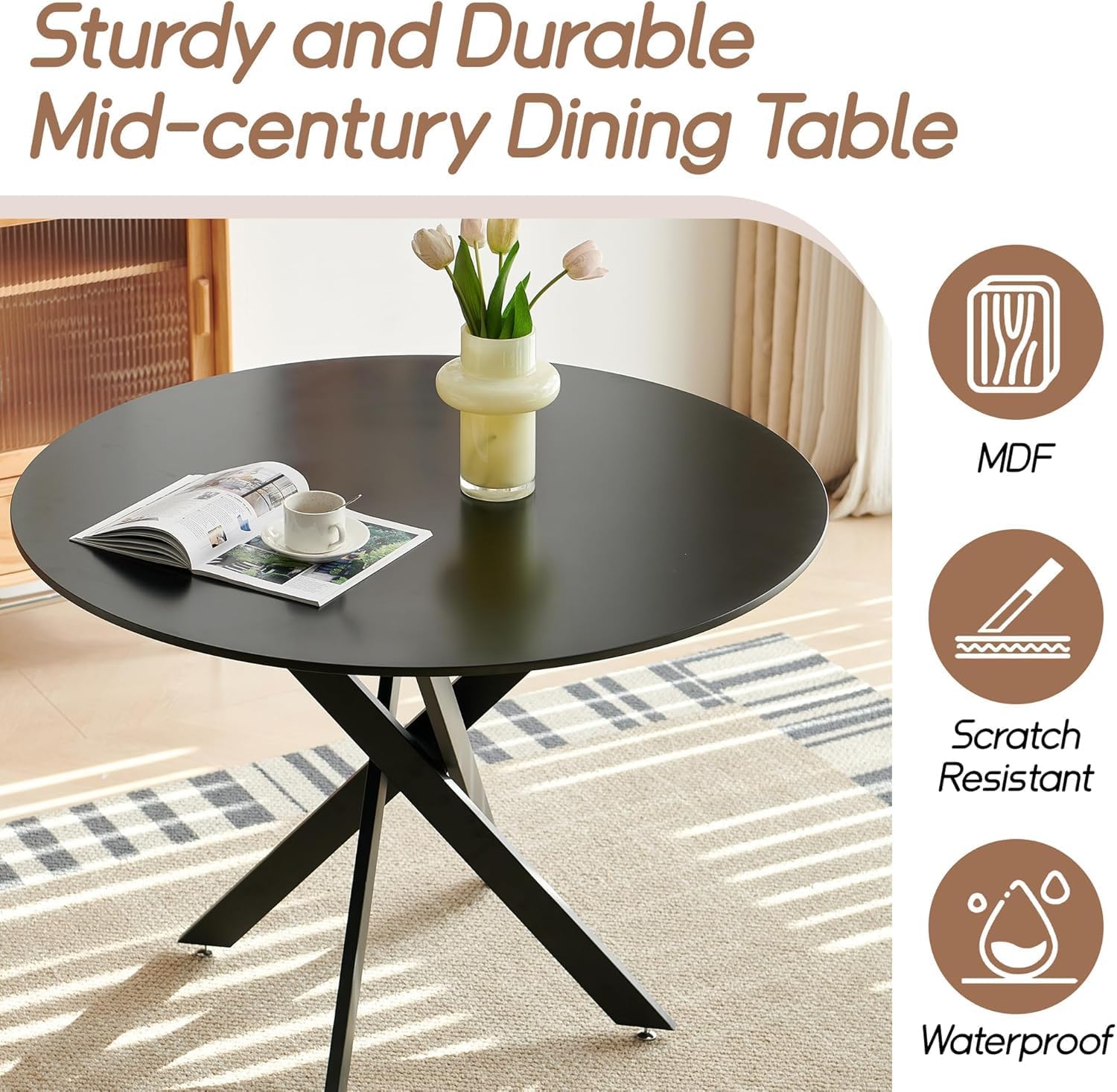 Modern 5-Piece Round Dining Table Set,Circle Black MDF Table & 4 Black Boucle Dining Chairs, Metal Frame Kitchen Furniture for Small Spaces(36-Inch)
