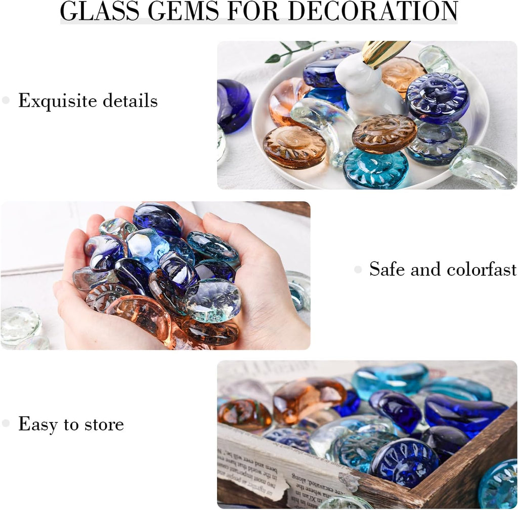 DomeStar 2 LB Glass Beads, Decorative Marbles for Vases, Sun Moon Stars Flat Marbles Glass Gem for DIY Aquarium Vase Fillers(35-40pcs)