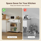 Gizoon Kitchen Island Cart with Adjustable Shelf | Drawer & Storage Cabinet, Spice Rack & Towel Rack, for Dining Room, Bar, White, Tabletop-oak color