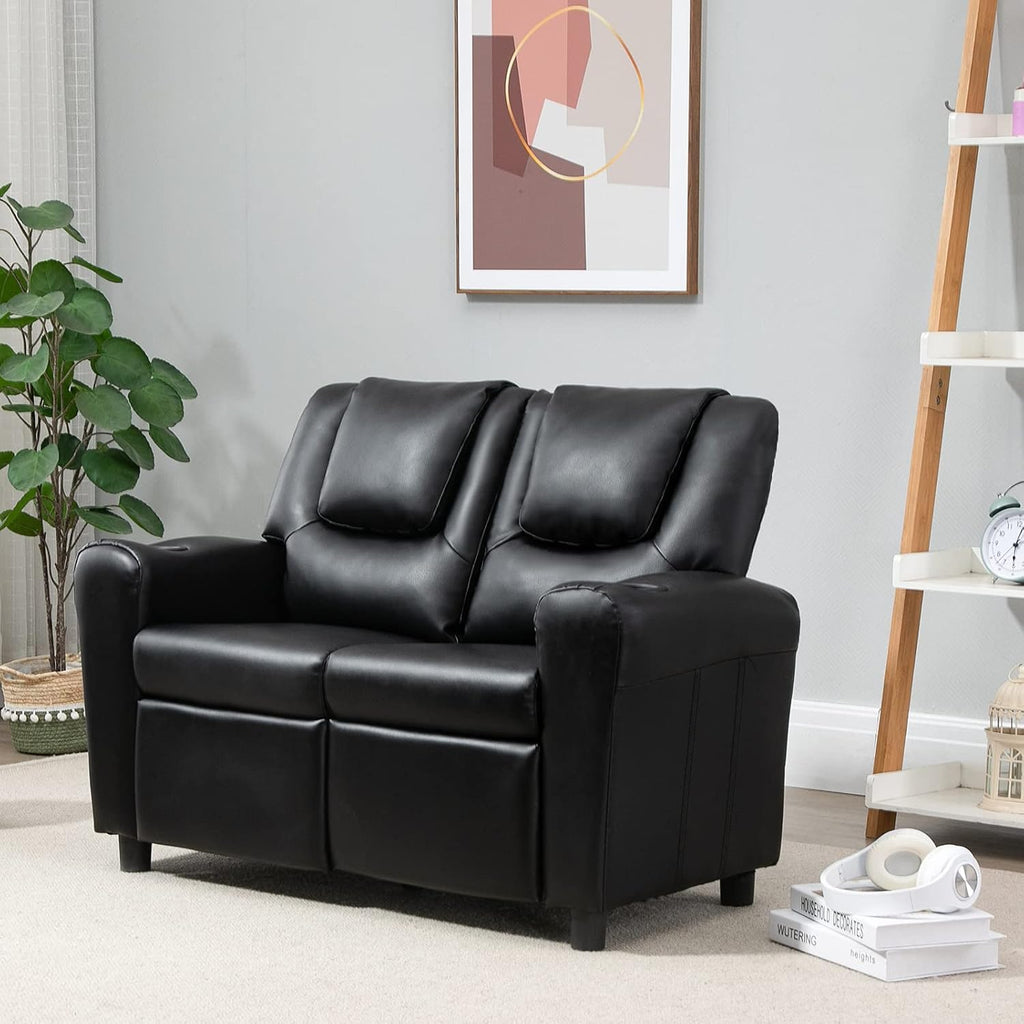 AVAWING Kids Recliner Chair, Double PU Leather Kids Loveseat w/Cup Holder, Lounge Sofa Chair w/Adjustable Footrest & Headrest for Boys Girls 3+ Age Group, Black
