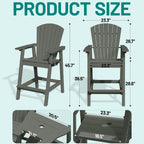 PLUUV Tall Adirondack Chairs Set of 2 with Double Connecting Trays, All Weather HDPE Bar Height Outdoor Chairs, Outdoor Adirondack Barstools with Umbrella Hole for Balcony, Patio, Backyard, Grey