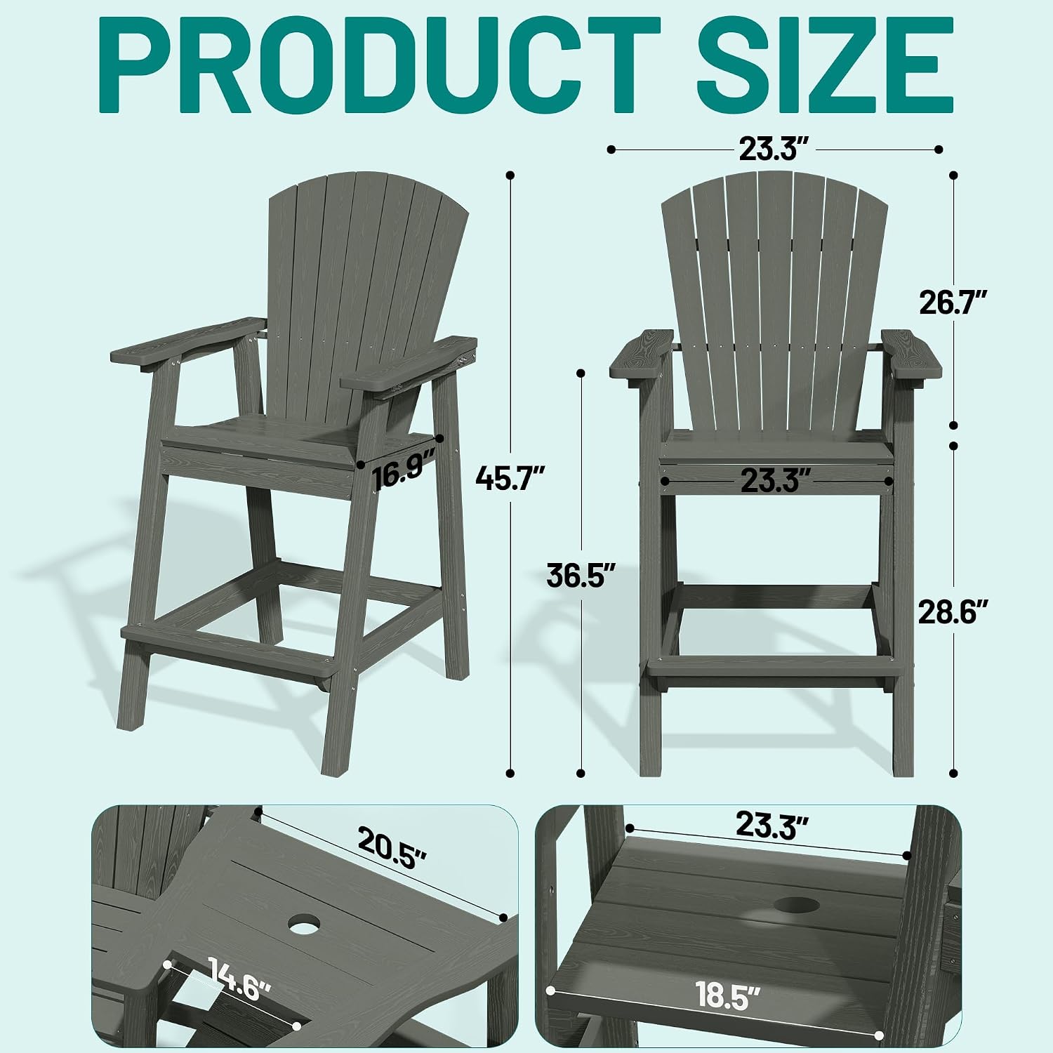 PLUUV Tall Adirondack Chairs Set of 2 with Double Connecting Trays, All Weather HDPE Bar Height Outdoor Chairs, Outdoor Adirondack Barstools with Umbrella Hole for Balcony, Patio, Backyard, Grey