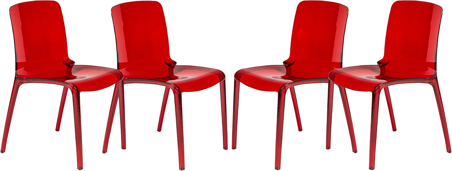 LeisureMod Murray Modern Plastic Dining Chair (Set of 4), Transparent Red