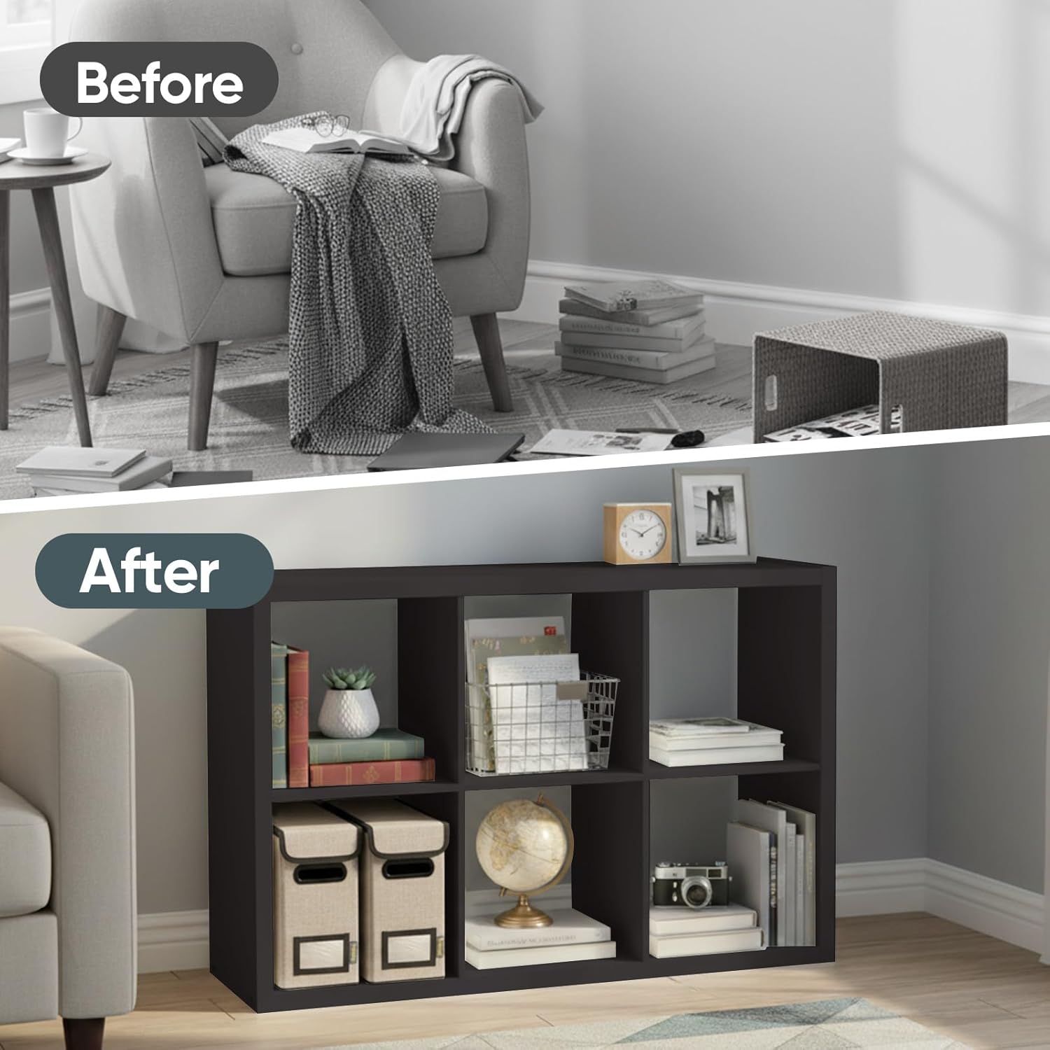 BALEINE Book Shelf, 1.2" Extra Thick Frame Bookshelf, Reversible 6-Cube Storage Organizer with Open Back, 14.6" x 43.8" x 30", for Living Room, Bedroom, Home Office (Black Dark Oak)