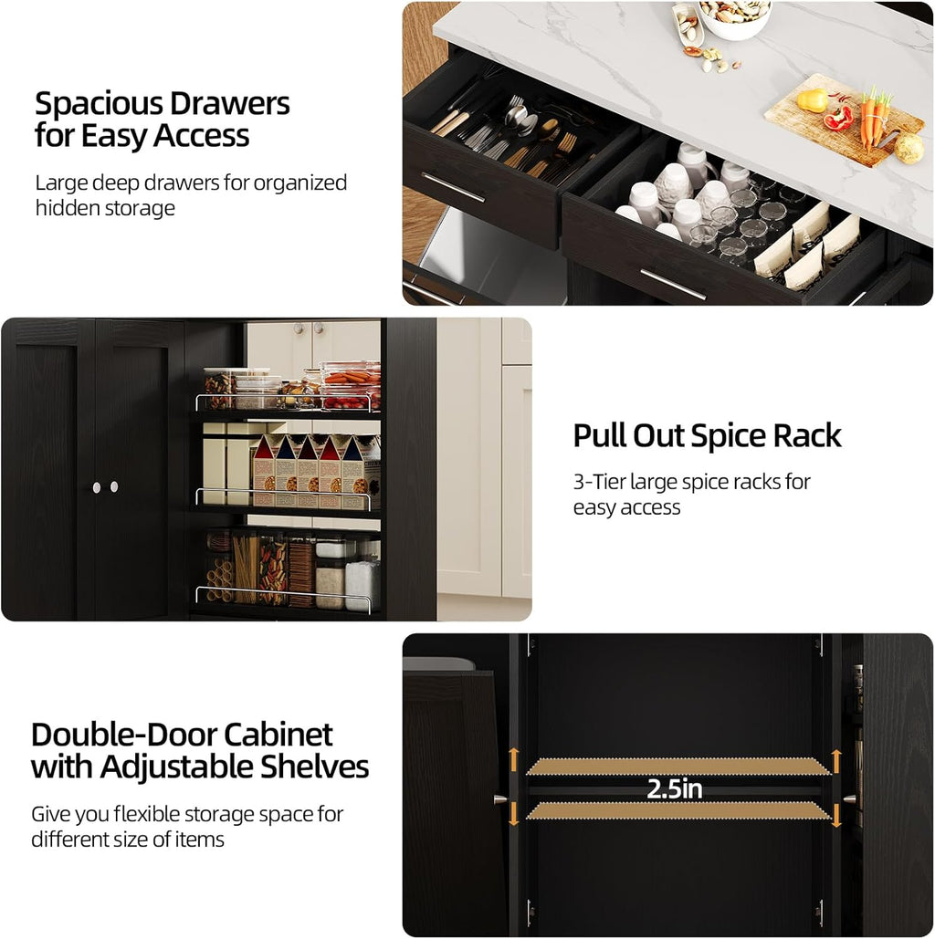 4 EVER WINNER Kitchen Island with Storage, Kitchen Island Cart on Wheels with Trash Can Cabinet, Spice Rack & Towel Rack, Kitchen Island Table with Faux Marble Countertop, Black