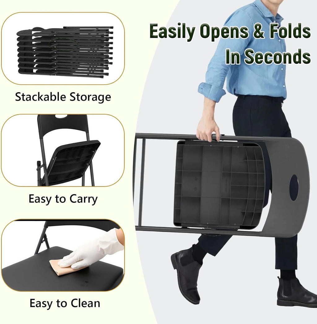 Folding Chairs 4 Pack, Outdoor Portable Foldable Chair with Steel Frame, 300lbs Capacity Heavy Duty Metal Black Plastic Folding Chairs for Patio, Picnic, Kitchen, Dining