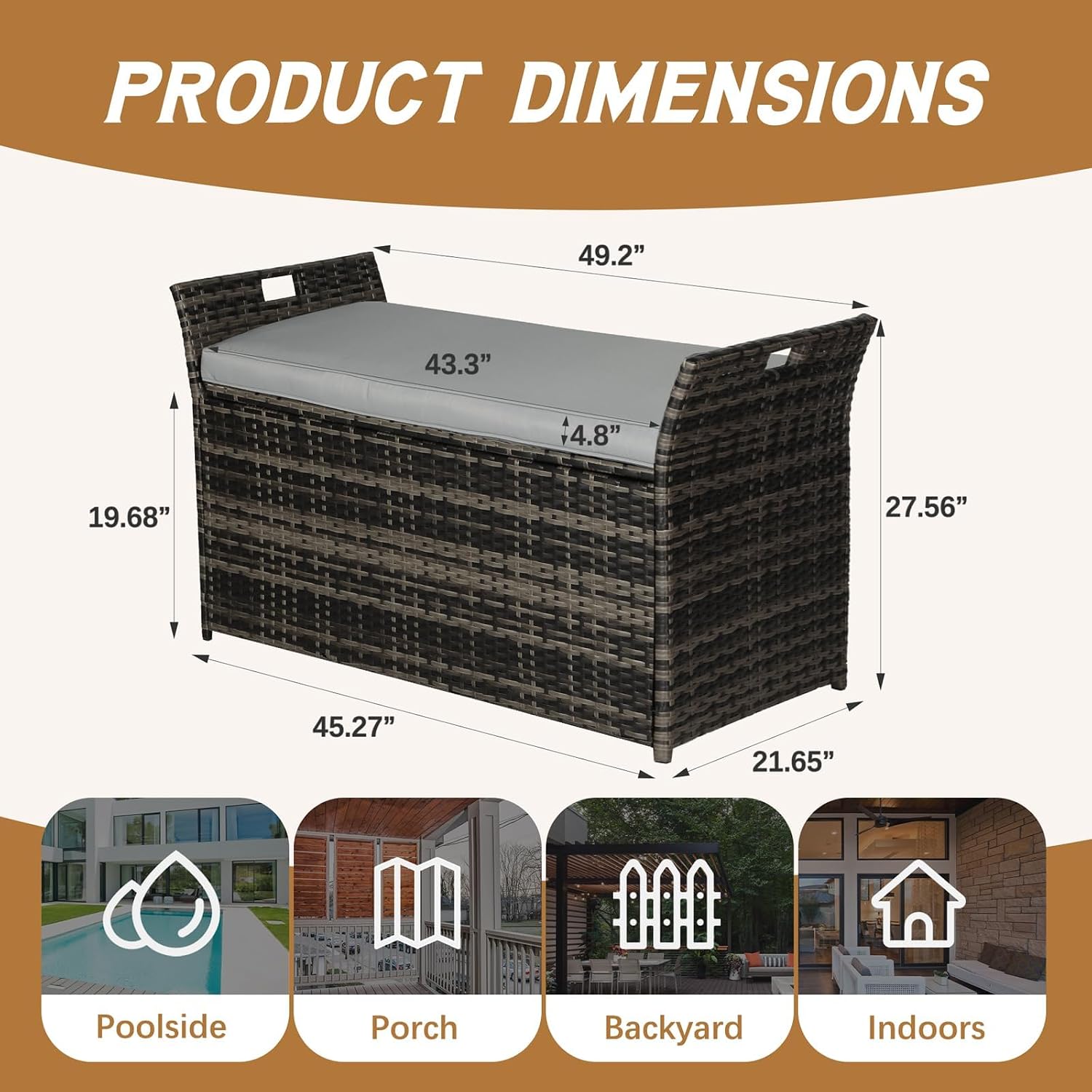 90 Gallon Outdoor PE Wicker Storage Bench with Soft Seat Cushion & Built-in Side Handles, Weatherproof Patio Storage Box for Patio Cushions, Garden Tools & Yard Accessories, Gray