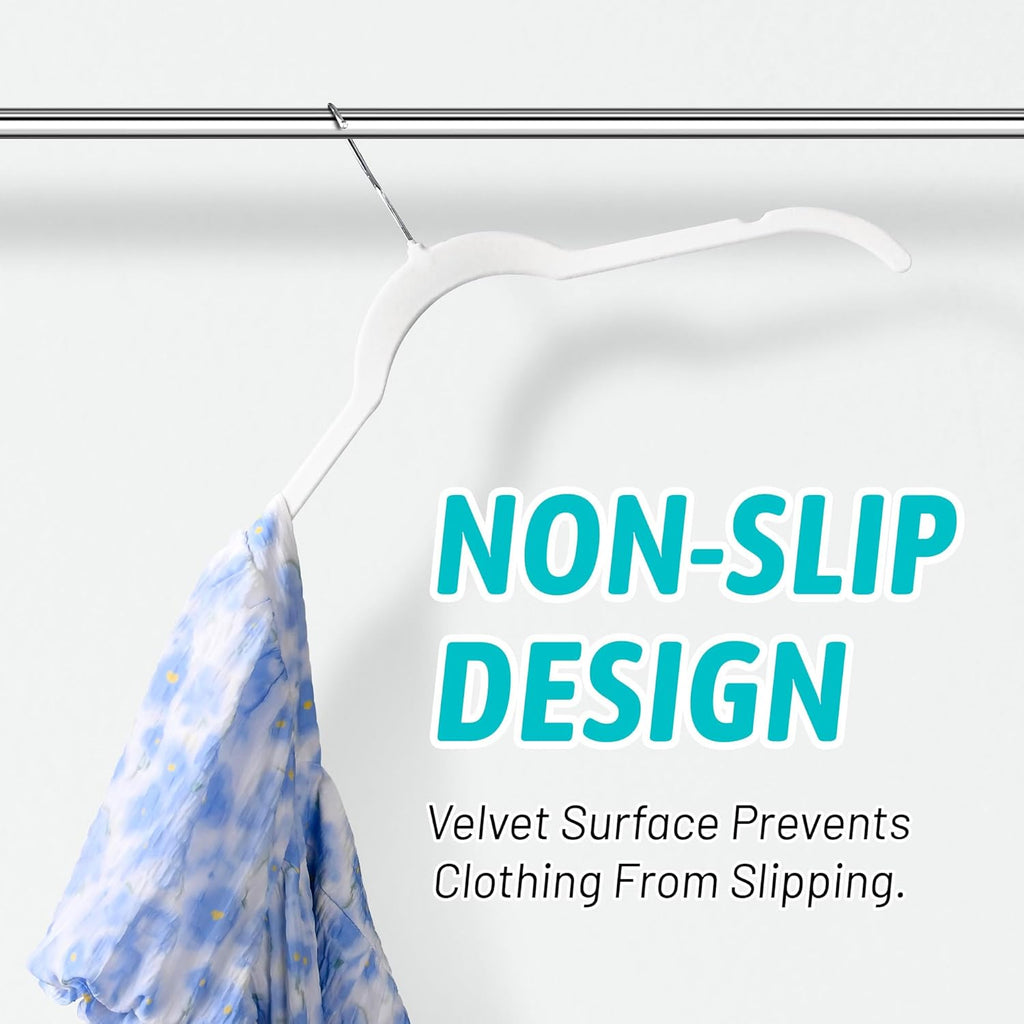 Sishynio Velvet Hangers 100 Pack, Space Saving Non Slip Hangers for Closet Organization, Slim Flocked Clothes Hangers with 360° Hooks for Shirts, Dresses, Pants, Coats and Tops(White)