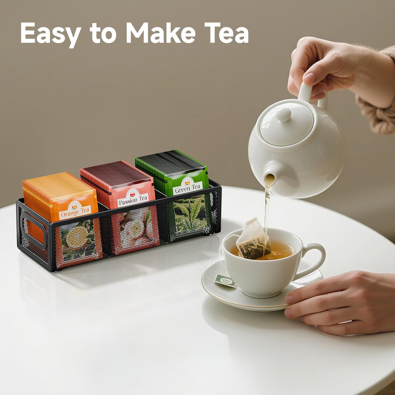 Tea Bag Organizer, Mesh Tea Bag Holder with Handle, Teabag Holder, Tea Station Organizer for Countertop, Pantry, Kitchen, Cabinet - Black