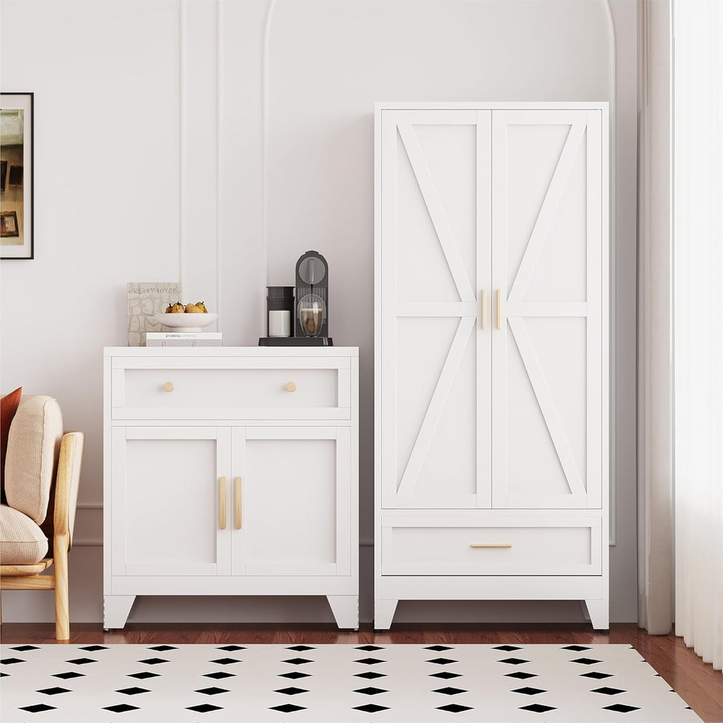 QINPTWUT 71" Storage Cabinet with Bottom Drawer, Pantry Cabinet in White with 2 Doors & 4 Adjustable Shelves, Freestanding Steel Cupboard for Garage, Home Office, Kitchen, Heavy-Duty Storage