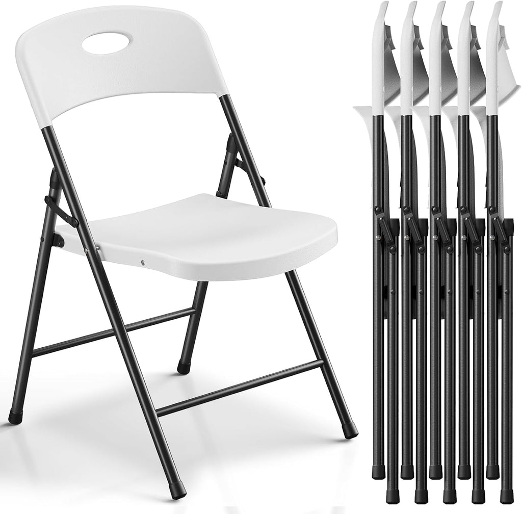 Folding Chairs 6 Pack, Outdoor Plastic Sturdy Metal Folding Chairs for Outside Indoor, Portable 350 lbs Capacity Heavy Duty Foldable Commercial Seating for Picnic, Party, Patio, Office, White