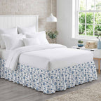 Blue Tropical Plant Bed Skirt King Size 16 Inch Drop, Adjustable Elastic Bedskirt Dust Ruffle for King Size Bed, Summer Palm Trees Coastal Nautical Wrap Around Bed Skirts Pleated Bed Frame Cover