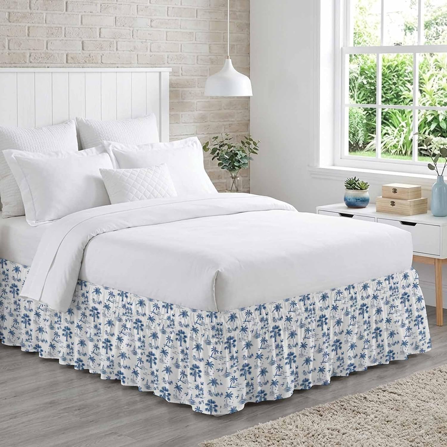 Blue Tropical Plant Bed Skirt King Size 16 Inch Drop, Adjustable Elastic Bedskirt Dust Ruffle for King Size Bed, Summer Palm Trees Coastal Nautical Wrap Around Bed Skirts Pleated Bed Frame Cover