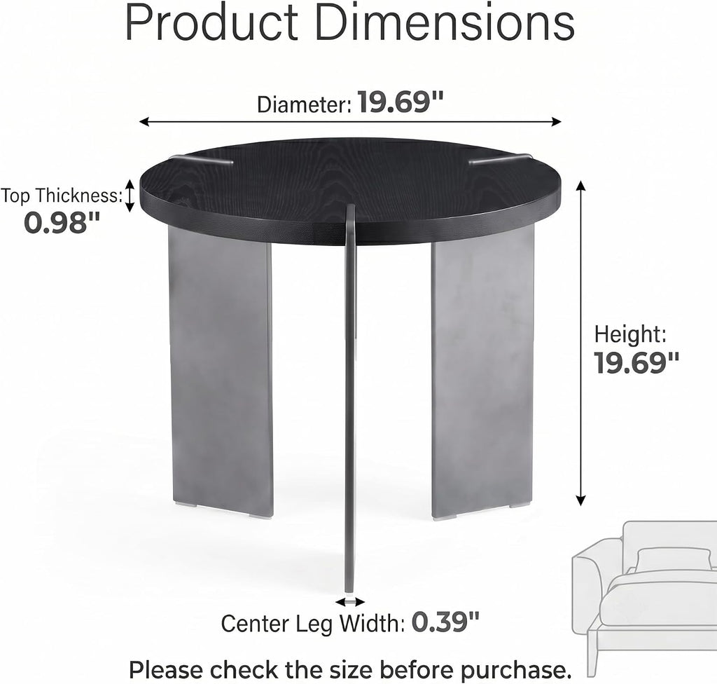 Round Side Table, Walnut End Table with Metal Legs, Small Bedside Table for Small Spaces, Wood Grain Top Accent Table with Non-Slip Feet Pads for Living Room, Bedroom(Black, 19.68" D)