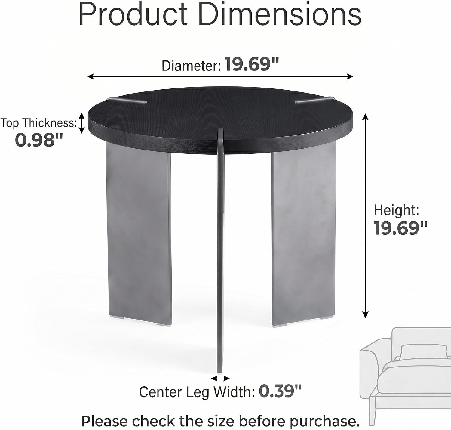Round Side Table, Walnut End Table with Metal Legs, Small Bedside Table for Small Spaces, Wood Grain Top Accent Table with Non-Slip Feet Pads for Living Room, Bedroom(Black, 19.68" D)