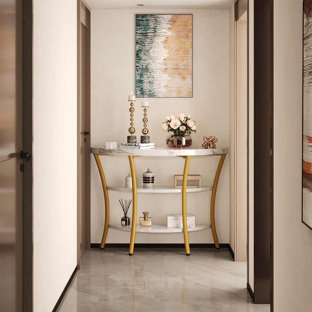 39.4" Console Table with Half Moon Wood Shelves, 3 Tier Modern Entryway Table with Curved Metal Frames, Narrow Sofa Couch Table for Hallway, Entrance, Living Room, Foyer, White Marble & Gold