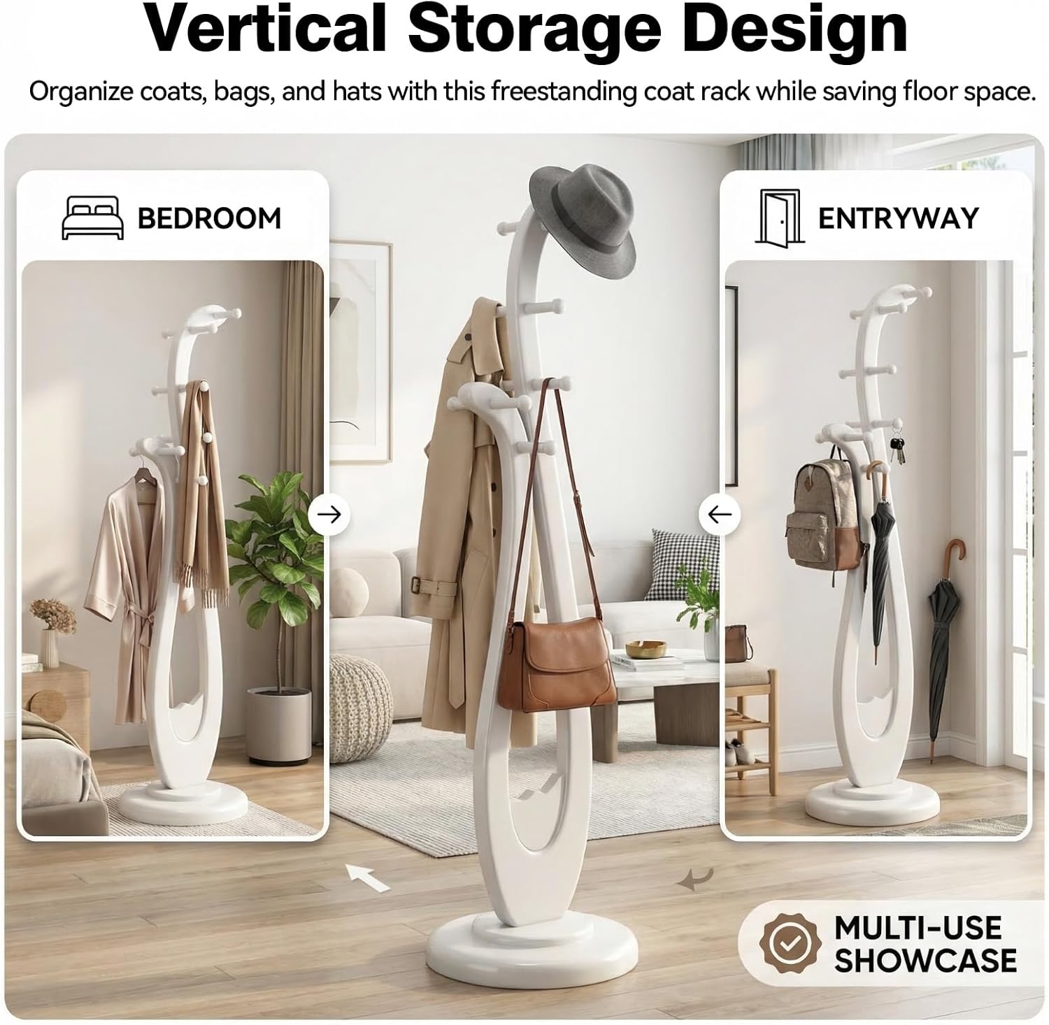 Heavy Duty Solid Wood Coat Rack Freestanding, 67" Artistic Curved Coat Tree with 12 Anti‑Slip Hooks & Stable Base, Sturdy Coat Hanger Stand for Entryway, Bedroom & Office, Vintage Natural Wood