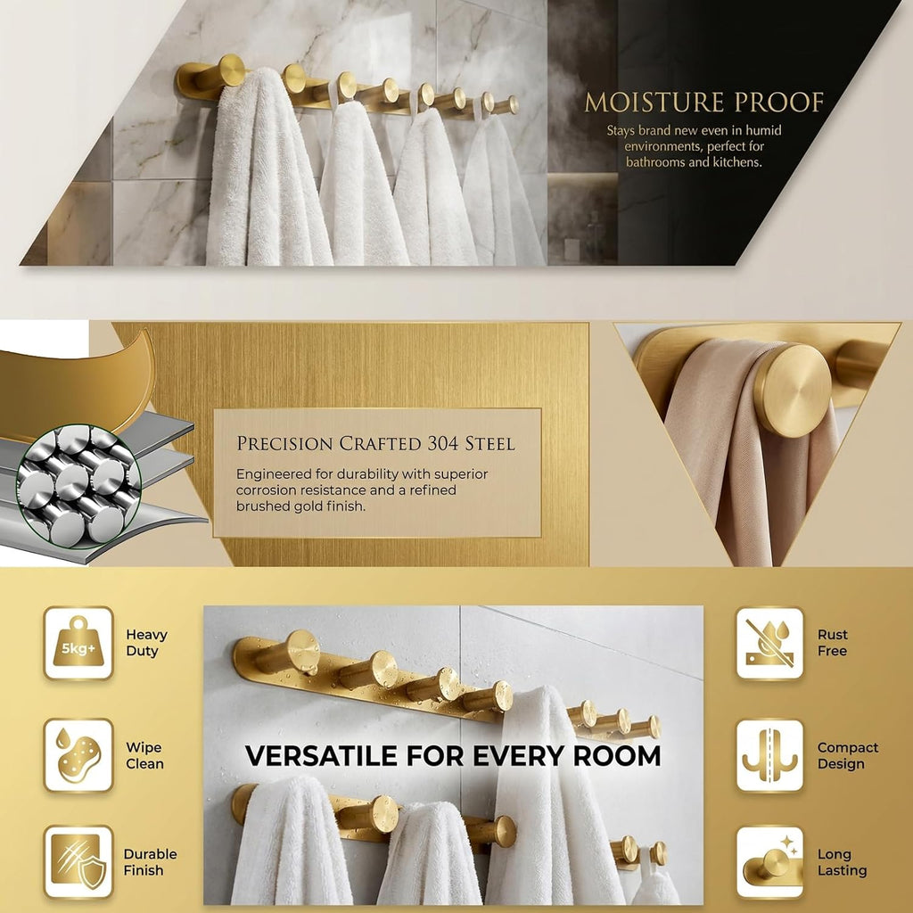 Brushed Gold Wall Mounted Coat Rack [2 Pack], 21" Heavy Duty 304 Stainless Steel Hook Rack with 8 Hooks, Entryway & Bathroom Hanging Organizer for Coats, Towels, Robes (Drilling)